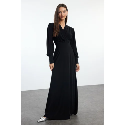 Trendyol Black Plain Maxi Double Breasted V Neck Waist Open Flexible Maxi Knit Dress