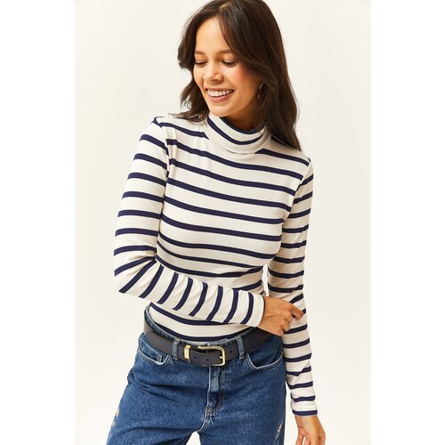 Olalook Women's Navy Blue Striped Turtleneck Premium Soft Touch Flexible Blouse Slike