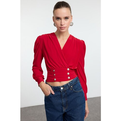 Trendyol Red Crop Button Detailed Knitted Blouse Cene