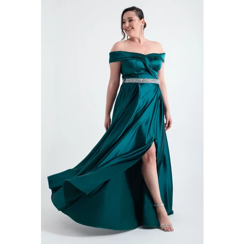 Lafaba Women's Emerald Green Boat Neck Stony Belted Plus Size Evening Dress