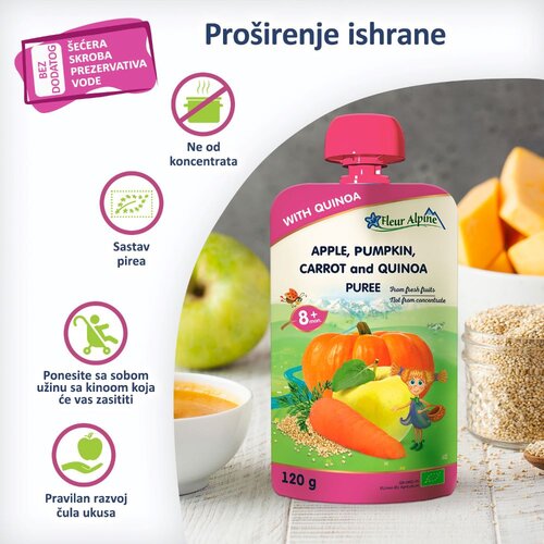 Kids&amp;amp;Sweets Fleur Alpine organski pire sa jabukom, &amp;scaron;argarepom, bundevom i kinoom 8+, 120 g Slike