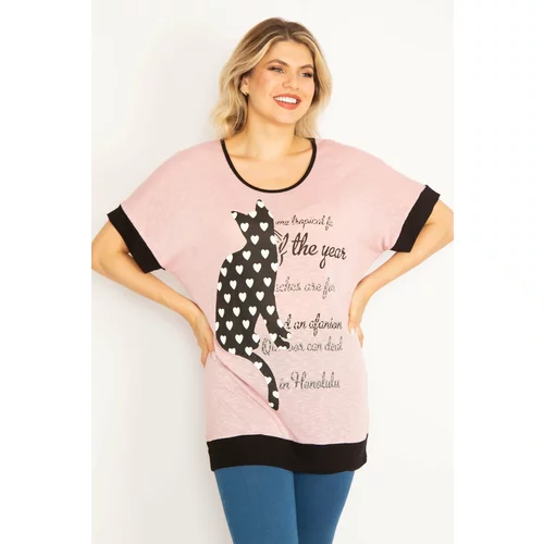 Şans Women's Plus Size Pink Cat Figured Stone And Print Detailed Low Sleeve Tunic