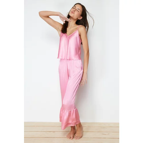 Trendyol Pink Flounce Detailed Capri Satin Woven Pajamas Set