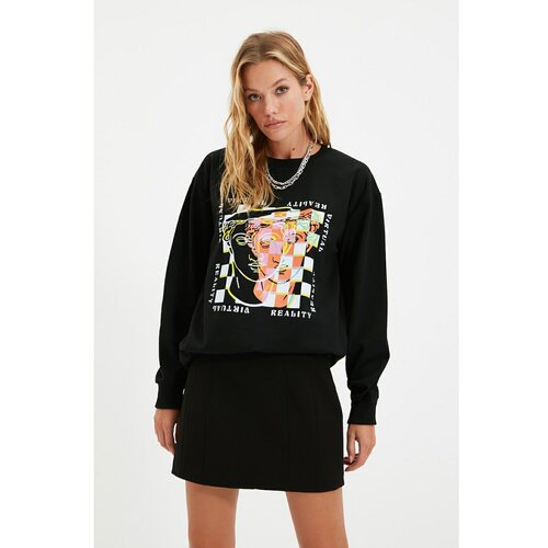 Trendyol black printed oversize knitted sweatshirt Slike