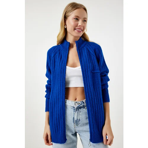 Happiness İstanbul Women's Dark Blue Zippered Knitwear Cardigan