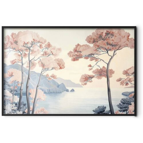  Plakat - Ocean Cliffs and Trees  Delicate Motif in Pastel Colors 90x60 Crni okvir Cijene