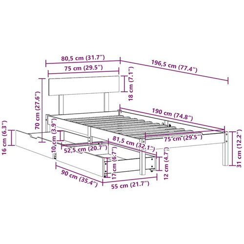 VidaXL Okvir kreveta bez madraca bijeli 75 x 190 cm masivna borovina Slike