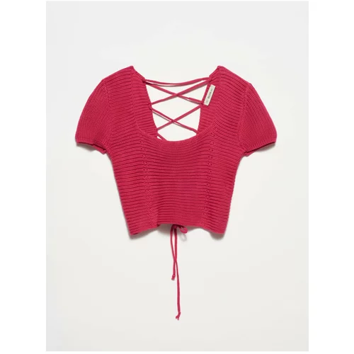 Dilvin 10164 Square Collar Lace-Up Short Sleeve Sweater-fuchsia