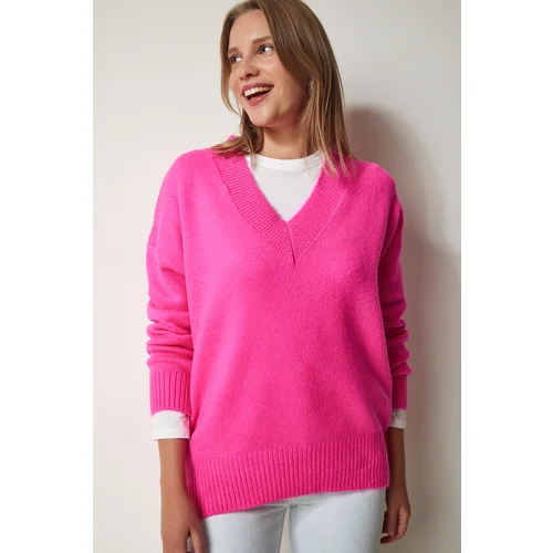  Women's Fuchsia V-Neck Oversize Knitwear Sweater