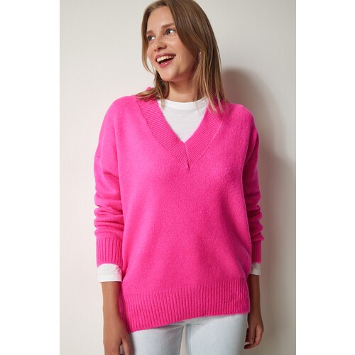  Women&amp;#039;s Fuchsia V-Neck Oversize Knitwear Sweater Slike