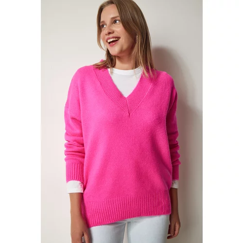 Happiness İstanbul Women's Fuchsia V-Neck Oversize Knitwear Sweater