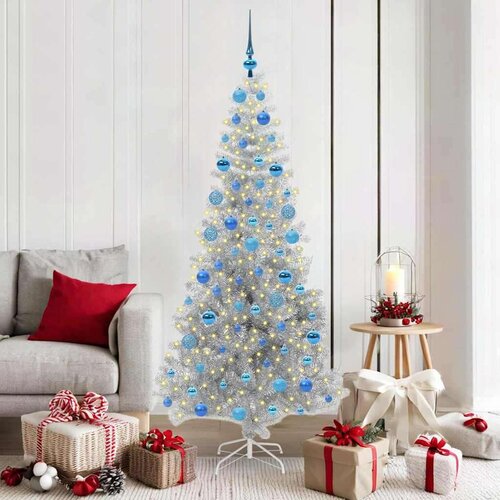 vidaXL Božično drevo med 300 LED z stojalom srebrna 180 cm PET Cene