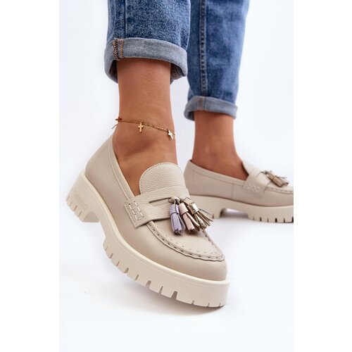 CheBello Women's Leather Moccasins with Decoration 4369 Beige Slike