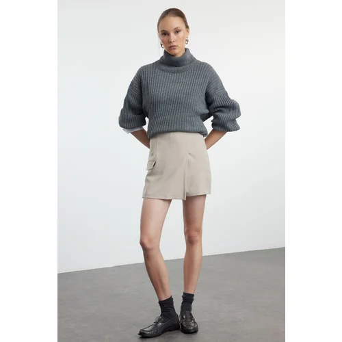 Trendyol Beige Pocket Detailed Double Breasted Woven Shorts Skirt