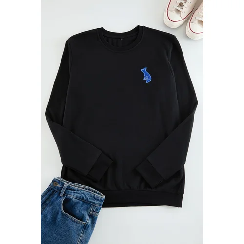 Trendyol Black Crew Neck Regular/Normal Cut Fox Patch Detailed Sweatshirt