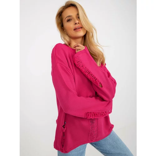 Fashion Hunters Fuchsia women's oversize sweater with holes with wool