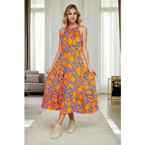 Dewberry E7818 Womens Floral Patterned Dress-ORANGE Cene