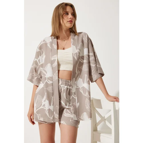  Women's Stone Tropical Patterned Summer Raw Linen Kimono Shorts