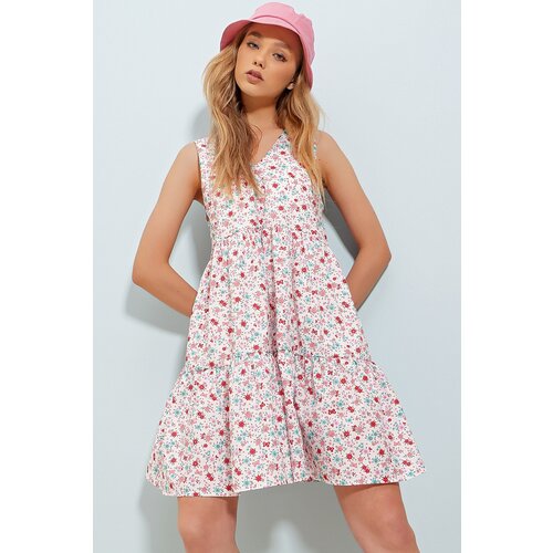 Trend Ala&amp;ccedil;atı Stili Women&amp;#039;s Pink Front And Back V-Neck Floral Patterned Flounce Linen Linen Dress Slike