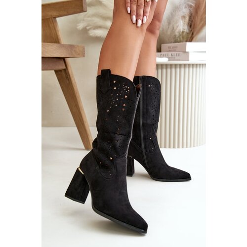 Kesi Openwork Ankle Boots Women&amp;#039;s Pointed Toe Heel Eco Suede Black Nevithra Slike