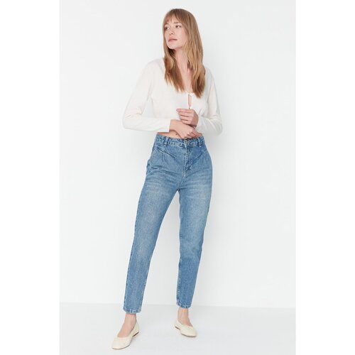 Trendyol Blue High Waist Pleated Mom Jeans Slike