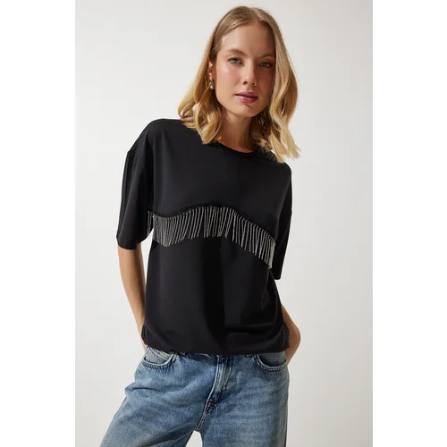  Women's Black Chain Detailed Oversize Knitted T-Shirt