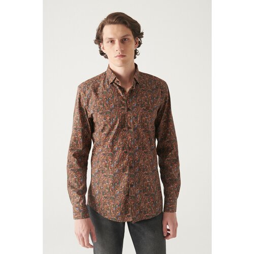 Avva men's orange abstract pattern 100% cotton slim fit slim fit shirt Cene