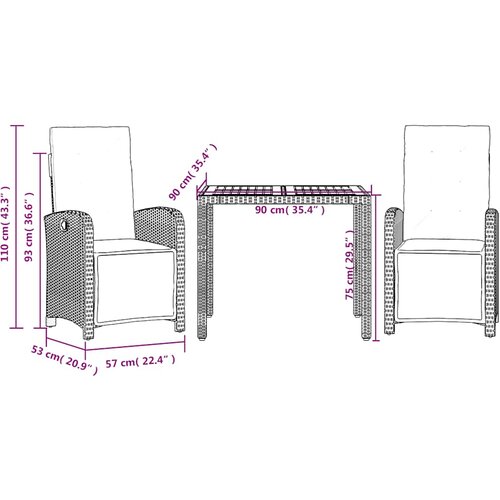  3-dijelni bistro set s jastucima crni od poliratana Crna Dužina stola 90 cm Slike