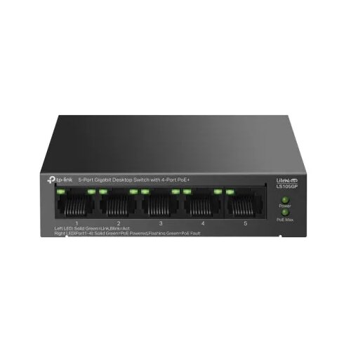 Tp-link LS105GP 5-Port Gigabit Desktop Switch with 4-Port PoE+, 4x Gigabit PoE+ Ports, 1x Gigabit Non-PoE Port, 802.3af/at, 65 W PoE Power, Desktop Steel Case, Extend Mode for 250m PoE Trans Cijene