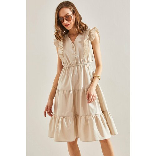 Bianco Lucci women's frilly waist elastic buttoned flared dress Slike