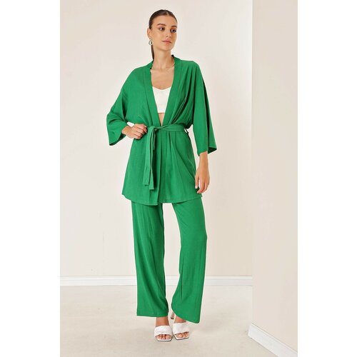 By Saygı Crescent Pants Kimono Set With Pockets Green Slike