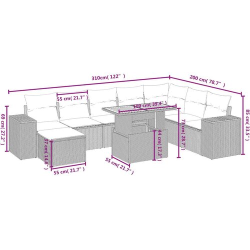 VidaXL 9-dijelni set vrtnih sofa s jastucima bež od poliratana Slike