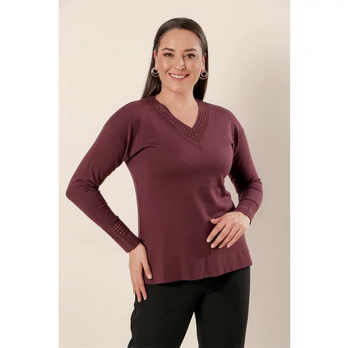 By Saygı The collar and sleeve ends are silvery perforated. Work Front Short Long Back Plus Size Acrylic Sweater Plum.