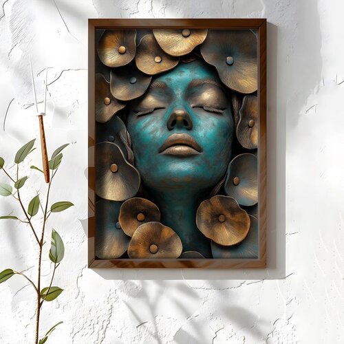 Wallxpert uramljena MDF slika NAL066-46, žensko lice tirkizne boje među bronzanim cvetovima, 35,5 x 47 cm Cene