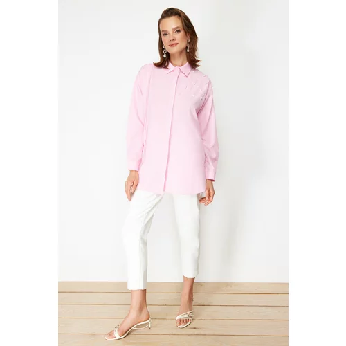 Trendyol Pink Pearl Detailed Cotton Woven Shirt