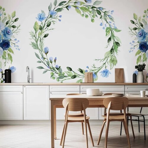  Foto tapeta - Romantic wreath - plant motif with blue flowers and leaves 500x350 Cene