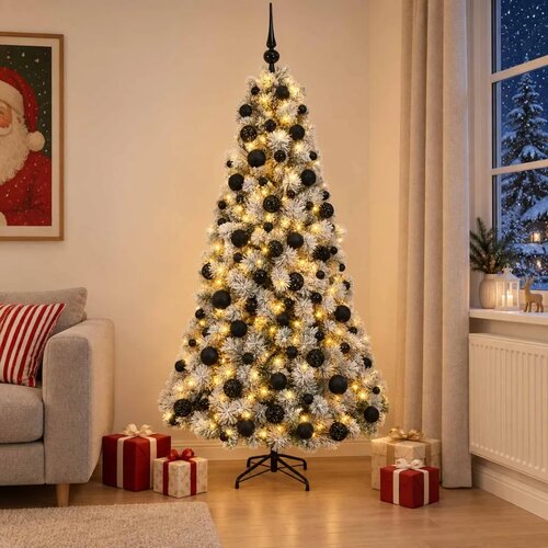  Umjetno božićno drvce s kuglicom 180 cm 300 LED lampica - Zelena i bijela 180 cm s LED-ima i crnim lopticama Slike