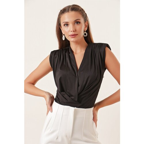 By Saygı Shoulder Pad Pleated Lycra Bodysuit Black Slike