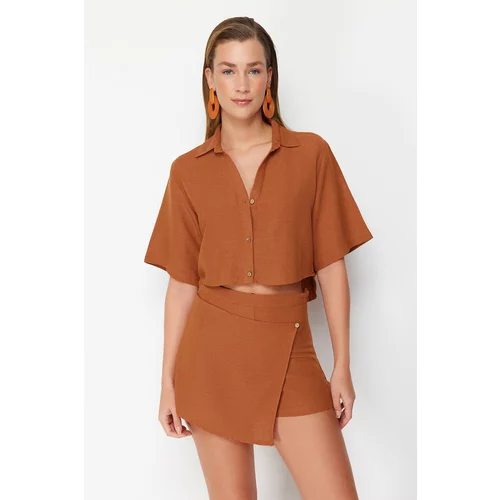 Trendyol Brown Woven Linen blended Shirt Shorts Set