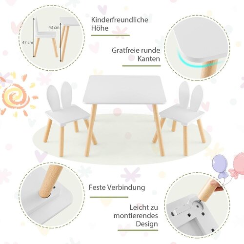 Kinder Home dečiji drveni sto sa 2 stolice bunny, učenje, crtanje, igranje, set za jelo, za dečiju sobu, beli Slike