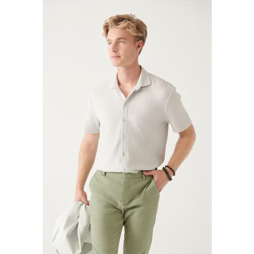 Avva Men's Gray Knitted Jacquard Classic Collar Cotton Short Sleeve Regular Fit Shirt Slike