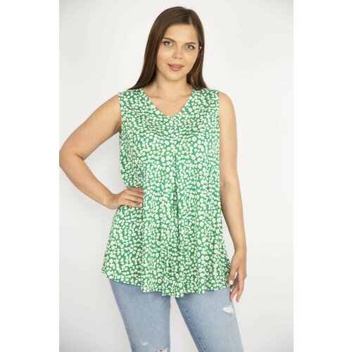 Şans Women's Green Plus Size V-Neck Front A Pleat Floral Patterned Blouse Cene