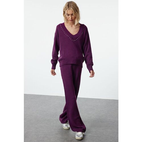 Trendyol Purple Wide Pattern Stone Detailed Knitwear Bottom-Top Set Slike