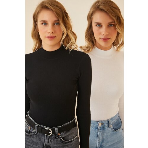 Women's Black White 2 Pack Ribbed Turtleneck Knitted Blouse Slike