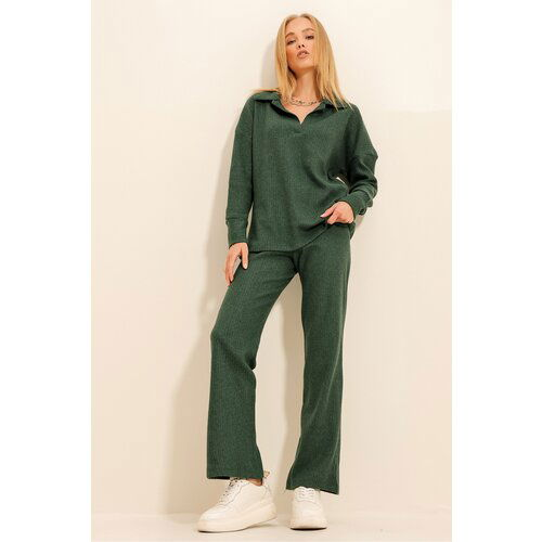 Trend Alaçatı Stili Women's Walnut Green Polo Neck Top And Palazzon Trousers Knitwear Bottom Top Set Slike