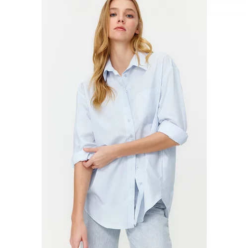 Trendyol Blue Wide Fit Oversize Cotton Woven Shirt