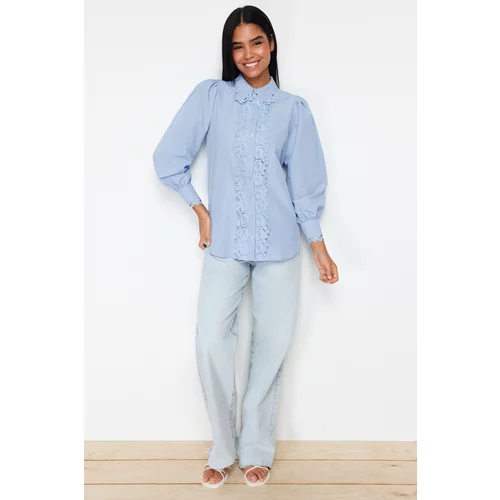 Trendyol Blue Lace Brode Detail Cotton Woven Shirt