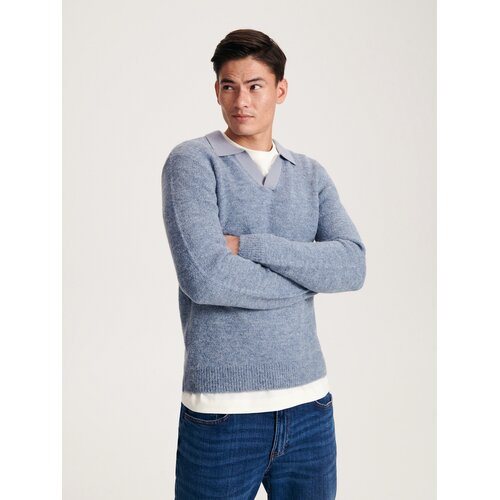 Reserved polo majica z dolgimi rokavi iz me&scaron;anice volne - modra Cene