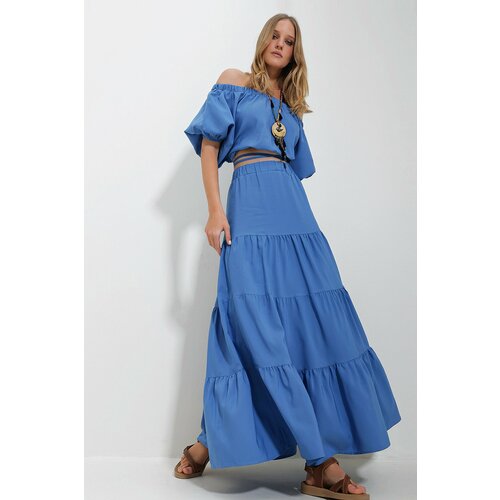 Trend Alaçatı Stili Women's Saxe Blue Madonna Collar Crop Blouse Gathered Inner Lined Skirt Poplin Suit Cene
