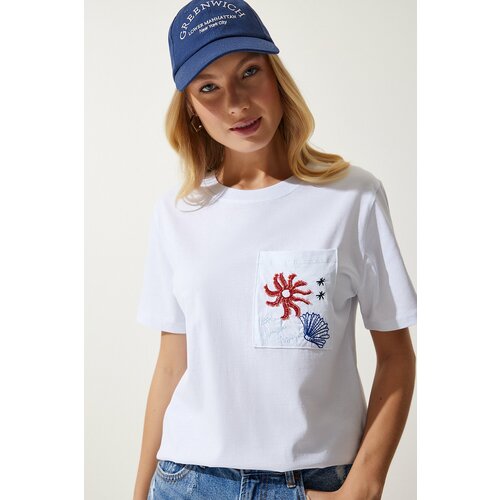Happiness İstanbul women's white crew neck embroidered knitted t-shirt Slike